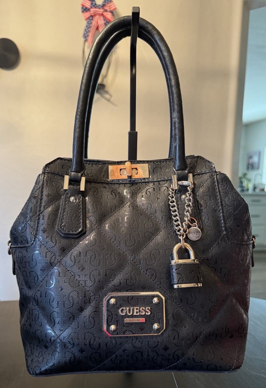 Black Guess Ophelia Turnlock Satchel With Quilted Monogram Design